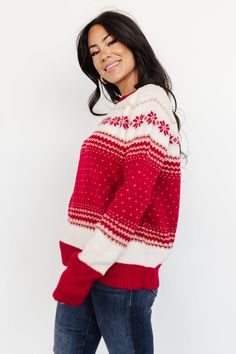 Say hello to the Griffin Knit Sweater. This sweater is perfect to throw on when you are on the go! Fall Holiday Knit Tops, Red Knit Christmas Top, Red Nordic Sweater With Crew Neck, Red Nordic Crew Neck Sweater, Red Knit Top For Christmas, Casual Red Fair Isle Pattern Tops, Red Fair Isle Crew Neck Top, Red Fair Isle Pattern Crew Neck Top, Cozy Fit Red Tops For Winter