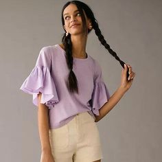 259049 Description: Round Neck Short Sleeve Ruffle On Top Ribbed On Neckline Measurements/Item Details Size - Xxs Bust - 16"Across (Laying Flat) Length - 23"Approx Color - Lavender Fabric - Cotton & Modal Please Note: This Item Is New With Tags. Batwing Shirt, Lavender Fabric, Colorful Blouses, Layered T Shirt, Blouse Sleeveless, Pleated Blouse, Boho Blouses, Black Ruffle, Solid Tops