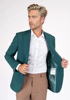 Boldly refined and fashion forward, the Bryant Diamantia Teal Stretch Jacket is crafted from unique stretch cotton fabric for extra comfort in an eye-catching and polished look that stands out in the sea of basic blazers. Green Cotton Blazer With Notch Lapel, Fitted Green Cotton Blazer, Modern Fitted Sport Coat With Suit Collar, Modern Fitted Sport Coat For Semi-formal Occasions, Modern Fitted Semi-formal Sport Coat, Modern Cotton Sport Coat For Formal Occasions, Spring Slim Fit Blazer For Tailoring, Modern Formal Cotton Outerwear, Modern Fitted Single Button Blazer