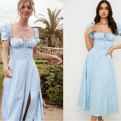 'Tallulah's Crisp Fresh Look Has Everyone Dreaming Of Those Garden Parties And Summer Trips. This Is Literally My Go To Dress For Picnics. Its Cut From A Stretch Cotton Poplin For A Fresh Feel And Is Decorated With A Pretty Blue And Ivory Floral. The Bodice Has Corsetry Boning To The Front, Back And Sides For That Perfect Cinched Hourglass Shape And The Lightly Shaped Cups Are Lined For A Comfortable Fit. The Pretty Puff Sleeves Add To The Fun And Floaty Vibe Of 'Tallulah' And Absolutely Love Th Blue Fitted Puff Sleeve Dress In Feminine Style, Feminine Fitted Blue Puff Sleeve Dress, Feminine Blue Fitted Puff Sleeve Dress, Blue Feminine Puff Sleeve Dress, Blue Midi Dress With Fitted Bodice For Garden Party, Blue Puff Sleeve Dress For Spring Garden Party, Fitted Light Blue Puff Sleeve Dress For Spring, Blue Feminine Dress With Fitted Bodice, Light Blue Puff Sleeve Dress For Garden Party