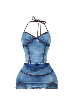 Washed denim bustier halter top featuring PU piping and frayed hem detail with back zipper closure Matching low rise mini skirt We recommend wearing pasties or no bra with this garment Runs true to size Jean Two Piece Outfit, Vintage Halter Top, Custom Skirt, Denim Halter Top, Baddie Clothes, Halter Top And Skirt, Low Rise Mini Skirt, Cute Online Clothing Stores, Denim Bustier