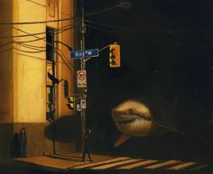 a painting of a woman's mouth on the corner of a city street at night