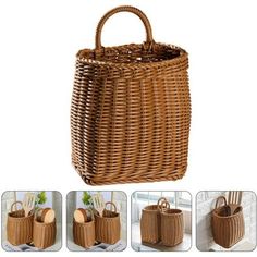 the basket is made out of wicker and has four handles