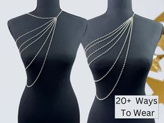 ✨ New Design Multilayer Evening Gown Chain: A Masterpiece of Elegance for Evening Gown, Strapless Dress and Beyond. A Perfect Bridesmaid Jewelry Collection! Great Opera Jewelry. This chain can be use in 20+ methods.  📏 Specifications: Length:  - There are 7 layers in this multi-purpose chain, with standard lengths of 14, 15, 15.5, 17, 18, 20, and 24 inches for each layer, respectively.  - For each size increase beyond the standard, the lengths of all layers will increase by 1 inch.  Material: Waterproof Plastic Pearl Bead Stainless Steel Chain Chain Type: Pearl Bead Chain Key Features: Design Excellence: Crafted to adorn the body with elegance, this exquisite gown chain features many layers creating a cascading effect that radiates sophistication and luxury. Versatility in Style: Whether Strapless Dress Jewelry, Wedding Strapless Dress, Shoulder Jewelry, Open Dress, Character Clothing, Exquisite Gowns, 7 Layers, Wedding Dresses Strapless, Bead Chain