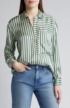 Rails Spencer Stripe Silk Shirt | Nordstrom Amber Rose Style, Black Satin Shirt, Silk Shirts, Early Fall Outfit, Rose Style, Stripe Silk, Interview Outfit, Satin Shirt, Airport Outfit