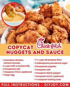 an advertisement for chicken nuggets and sauce