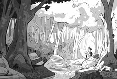 a black and white drawing of some rocks in the woods