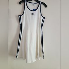 Adidas Tank Dress A-Line Off White Sz M Bnwt Sporty Adidas Cotton Dress, White Sleeveless Mini Dress Casual Style, Casual White A-line Dresses, White Knee-length Casual Mini Dress, Adidas Cotton Dress For Summer, Sporty Adidas Summer Dresses, Adidas Mini Dress For Spring, Sporty Knee-length Summer Dress, Sporty Cotton Mini Dress