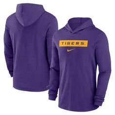 Step out in LSU Tigers spirit with this Sideline T-shirt from Nike. It features a team wordmark across the front on moisture-wicking Dri-FIT fabric. The attached hood offers extra coverage, perfect for cheering the LSU Tigers to a win. Pants Shirt Men, Nike Long Sleeve, Tiger T Shirt, Lsu Tigers, Nike Purple, Pant Shirt, Outdoor Apparel, Men's Nike, Tigers