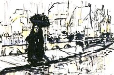 black and white drawing of a woman walking down the street with an umbrella over her head