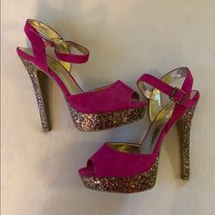 Magenta With Sparkly Heels And Platform, Never Worn! There’s No Size On Them But I’m A 7.5-8 In Heels So The Size Is Around There. Bundle For A Discount I Accept Reasonable Offers No Trades Spring Pink Glitter Heels, Pink Glitter High Heel Heels, Pink Glitter Heels For Formal Occasions, Formal Pink Glitter Heels, Sparkle Heels, Sparkly Heels, Shoes Women Heels, Pink And Gold, Pink Ladies