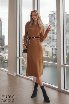 winter fashion / winter dresses / holiday looks / winter formal dresses / holiday hairstyles / Lauren Nicole, Winter Formal Dresses, Winter Formal, City Dress, Windy City, Outfits Winter, Knit Midi, Knit Midi Dress, Model Measurements