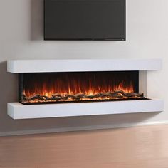 an electric fireplace in a living room with a flat screen tv on the wall above it