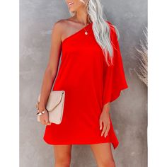 Red Sloping Shoulder One Piece Casual Dress Chic Red Solid Color Mini Dress, Red Solid Color Mini Dress, Red Mini Dress Solid Color, Red Solid Color Summer Dress, Red Solid Color Dress For Spring, Red Solid Color Spring Dress, Red One-shoulder Midi Dress For Summer, Casual Red Mini Dress For Cocktail, Casual Red Midi Dress For Cocktail