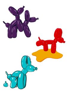 three different colored balloons shaped like dogs