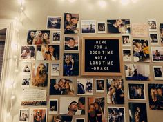 a collage of photos and words on a wall with lights around it that says here for a good time not a long time