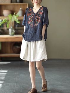 Description Product ID: TP2033469 Material: Cotton, Linen Pattern: Embroidery Sleeve: Short Sleeve Closured Type: Pullover Season: Summer Style: Casual Occasion: Daily, Home, Street Package included: 1 * Shirt Size Chart(Asian Size): Please allow 1-3 cm measured error. Size Length Chest Shoulder Sleeve Length M 65cm | 25.6 in 108cm | 42.5 in 40cm | 15.7 in 27cm | 10.6 in L 66cm | 26.0 in 112cm | 44.1 in 41cm | 16.1 in 27.5cm | 10.8 in XL 67cm | 26.4 in 116cm | 45.7 in 42cm | 16.5 in 28cm | 11.0 in XXL 68cm | 26.8 in 120cm | 47.2 in 43cm | 16.9 in 28.5cm | 11.2 in Casual Embroidered V-neck Top For Fall, Floral Embroidered V-neck Top With Relaxed Fit, Fall Cotton V-neck Embroidered Top, Cotton V-neck Blouse With Embroidered Hem, Casual V-neck Blouse With Embroidered Hem, Relaxed Fit V-neck Embroidered Top With Floral Embroidery, Relaxed Fit V-neck Top With Floral Embroidery, V-neck Tops With Embroidered Hem, Short Sleeve Embroidered Top With Floral Design For Fall