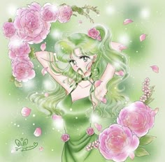 a woman with green hair and flowers in her hand, surrounded by pink roses on a green background