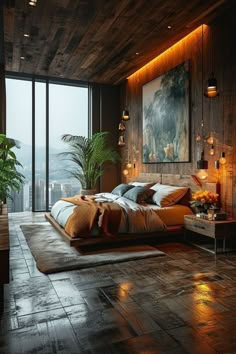 a bedroom with wooden walls and flooring has a large painting hanging on the wall