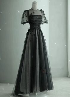 Black Round Neckline Tulle A-line Party Dress, Black Tulle Evning Dres – BeautyDressy Prom Dress Black, Black Evening Dress, A Line Prom Dress, Evening Dresses With Sleeves, Prom Dress Inspiration, Black Formal, Ball Gowns Evening, Pretty Prom Dresses, A Line Prom Dresses