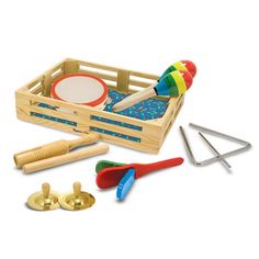 a wooden box filled with lots of toys