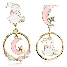 PRICES MAY VARY. Light weight Earrings: Bohemain earrings are made of metal alloy with; the clip earring is 24mm (0.94") width, Total length of earrings: 50mm (1.97"), Lightweight is 5g/piece. Asymmetrical Rabbit and Moon Earrings: These clip earrings will add you more charms, make you more elegant, and bring you good moods. Dangling Boho Earrings: Minimalist boho earrings with chain, shiny cube zircon and blue drops, Cute and Fashion. Inspiring space earrings make you look Mysterious and Beauti Mimi Core, Nerd Jewelry, Kawaii Coquette, Rabbit Jewelry, Rabbit Earrings, Bunny Stuff, Vintage Stud Earrings, Kawaii Earrings, Pearl Vintage