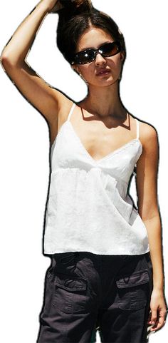 Chic V-neck Tank Top With Lace Trim, Casual Cotton V-neck Top For Summer, Spring Cotton V-neck Tank Top, Summer Cotton V-neck Camisole, Chic V-neck Lace Top For Daywear, White V-neck Top For Summer Vacation, Summer Cotton V-neck Top For Day Out, Summer V-neck Lace Top For Brunch, Spring Lace Top With Lace Trim For Day Out