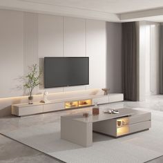 a living room with white furniture and a flat screen tv