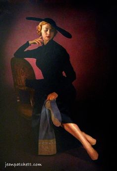 a painting of a woman sitting on a chair with her legs crossed and wearing a hat