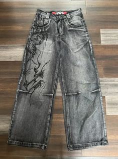 2024 New Harajuku Vintage Print Jeans Y2K Women Washed Gray Straight Pants Street Gothic Loose Denim Decor, High Waist Wide Leg Pants, Wide Trousers, Jeans Y2k, Printed Jeans, Loose Jeans, Street Outfit, Embroidered Jeans, Ankle Length Pants