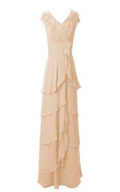 a women's dress with ruffles on the bottom and side, in beige