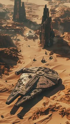 an image of a star wars scene in the desert with a millennium falcon on it