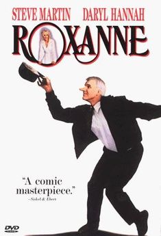 the movie roxane is shown in front of an image of a man holding a hat