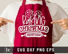 a woman wearing an apron pointing to the side with baking christmas memories written on it