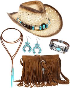 PRICES MAY VARY. Quality Materials: our accessories are made from quality materials; The turquoise jewelry for woman uses an alloy as a base and is beautifully adorned with turquoise; The hat is made from straw, ensuring a comfortable cowboy look; Finally, the tassel bag is made of soft suede with polyester, suitable for your outfits Nice Design: all items in the package of our Boho jewelry set harmonized in a classic color, giving a sophisticated appeal; The classic color enhances the aesthetic Cowgirl Clothes Western, Western Gifts For Women, Cowgirl Look Western, Western Style Jewelry, Womens Cowboy Hats, Women’s Western Wear, Cowboy Theme Party Outfit Women, Western Attire For Women, Rodeo Outfits For Women Western