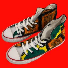 Converse Custom Hi Tops In African Print Brand New / Never Worn Excellent Condition Size 4.5 Please Note The Size Label On Thetongue Was Removed Prior To Me Purchasing Casual Orange Custom Sneakers With Laces, Casual Custom Orange Sneakers With Laces, Casual Orange Mid-top Custom Sneakers, Orange Casual High-top Sneakers With Rubber Sole, Casual Orange High-top Sneakers With Rubber Sole, Converse Multicolor Lace-up Sneakers, Casual Custom Orange Sneakers With Round Toe, Casual Orange Custom Sneakers With Round Toe, Casual Orange Custom Sneakers