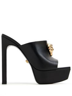 black calf leather Medusa plaque detail open toe backless platform sole branded leather insole 140mm high stiletto heel slip-on style Versace Heels, Heels And Sneakers, Versace Shoes, Platform Mules, Mule Clogs, Mules Shoes, Stiletto Heel, Calf Leather, Stiletto Heels