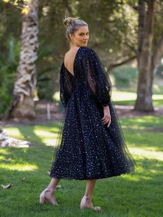 Starry Night V-Neck A Line Long Sleeve Sparkly Evening Dress Night Sky Dress, Sparkly Evening Dress, Celestial Motifs, Sky Dress, Boho Flower Girl, Tea Length Skirt, Night Stars, Stunning Prom Dresses, The Starry Night