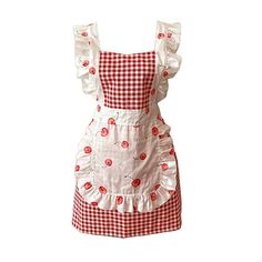 a red and white checkered dress with cherries on the front, ruffled sleeves