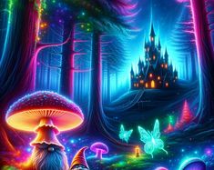 an image of a fantasy forest scene with mushrooms and fairy houses in the background at night