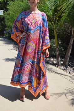 Designer Print Silk Caftan Womens Silk Kaftan Silk Dress | Etsy Elegant Multicolor Tunic Kaftan, Silk Maxi Dress With Vibrant Print For Beach, Multicolor Silk Kaftan For Beachwear, Silk Multicolor Beachwear Kaftan, Long Silk Beach Kaftan, Bohemian Silk Maxi Dress With Vibrant Print, Bohemian Silk Kaftan For Vacation, Bohemian Long Kaftan With Vibrant Print, Silk Free Size Kaftan For The Beach