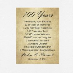 a birthday card with the words 100 years on it