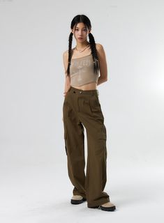 Diagonal Waist Cargo Pants IS322 - Acubi style | LEWKIN Trendy Cotton Wide Leg Cargo Pants, Trendy Wide Leg Cotton Cargo Pants, Wide Leg Cargo Pants For Streetwear, Urban Style Straight Cargo Pants For Summer, Trendy Wide Leg Cargo Pants, Trendy Wide Leg Cargo Pants With Relaxed Fit, Streetwear Straight Pants With Cargo Style, Straight Pants With Cargo Style For Streetwear, Summer Urban Cargo Straight Pants