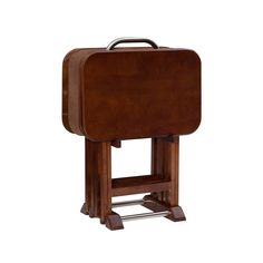 an old fashioned wooden suitcase on stand