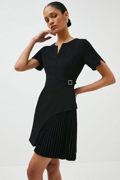 Tailored Military Pleat Short Sleeve Mini Dress | Karen Millen V-neck Box Pleat Dress For Work, Fitted Pleated Dress For Semi-formal Occasions, Formal V-neck Pleated Dress With Pleated Hem, Chic Semi-formal Midi Dress With Box Pleat, Formal Fitted Dresses With Accordion Pleats, Chic Semi-formal Dresses With Box Pleat, Structured Pleated Evening Dress, Office Midi Dress With Box Pleat, Elegant Structured Pleated Dress