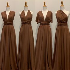 four brown dresses on mannequins in front of a white wall with three different styles