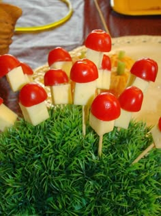 there are many pieces of cheese and tomatoes on the skewers in the shape of mushrooms