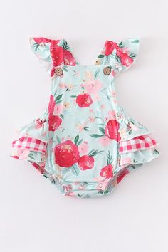 A63-3-2Mint floral ruffle baby romper95% Polyester 5%Spandex Fabric Contents: 95% Polyester 5%Spandex Cute Short Sleeve Bubble Romper With Ruffles, Cute Bubble Romper With Ruffles And Short Sleeves, Summer Short Sleeve Ruffled Onesie, Pink Printed Onesie For Summer, Cute Floral Print Bubble Romper For Playtime, Green Bubble Romper With Ruffles For Playtime, Cute Onesie With Ruffles For Playtime, Cute Ruffled Onesie For Playtime, Green Ruffled Bubble Romper For Playtime