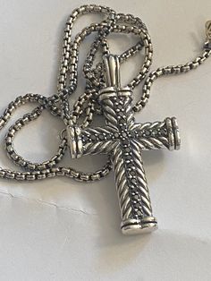 Pre owned David Yurman  100% Authentic Chevron Cross  Guarantee  925 SS  silver  PavA Black Diamonds  .50ct Total  20 inch chain Elegant Sterling Silver Cross Chain Necklace, Elegant Cross Chain Necklace With Silver Chain, Elegant Silver Chain Necklace With Cross Pendant, Formal Cross Pendant Necklace With Chain, Formal Cross Pendant Chain Necklace, Formal Cross Pendant Jewelry With Chain, Formal Cross Chain Necklace, Formal Cross Chain Necklaces, Formal Cross Pendant Necklace With Box Chain