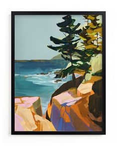 an abstract painting of trees and water on the rocks near the ocean with blue sky